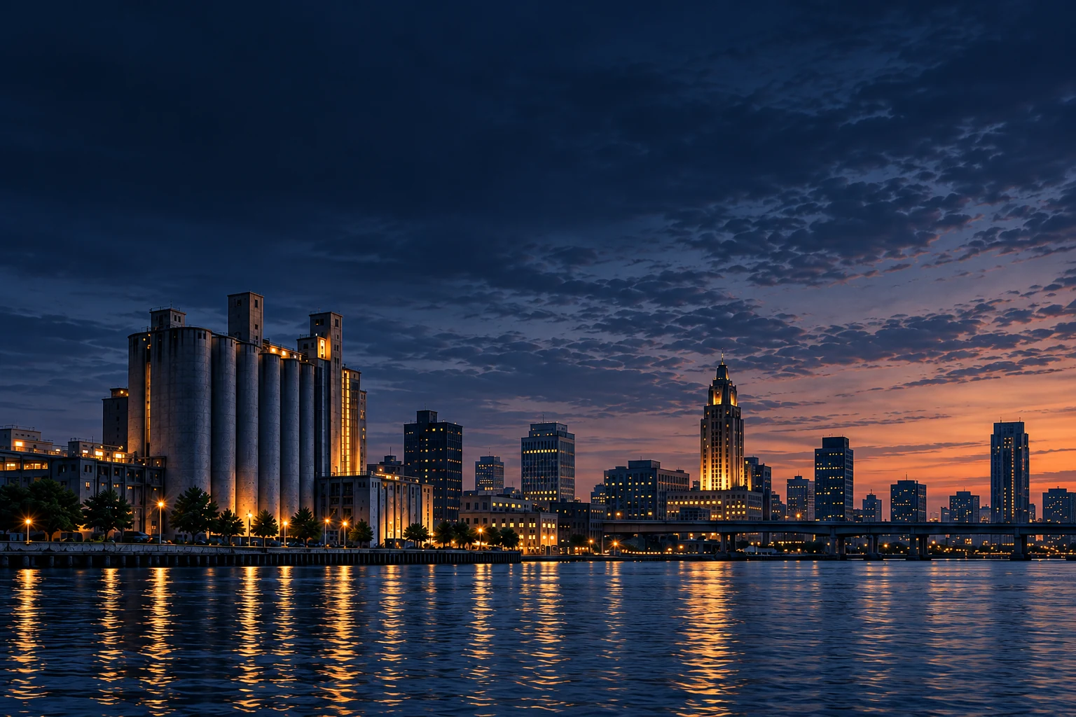 A Buffalo-inspired waterfront with grain elevators, an Art Deco tower and warm architectural light reflected in deep blue water.