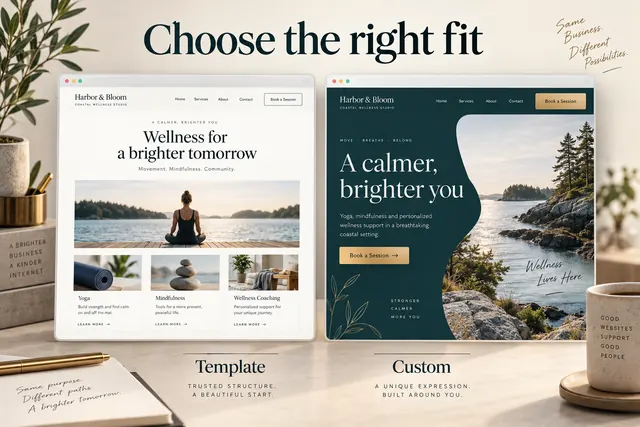 Two fictional website concepts comparing a template layout with a custom editorial direction