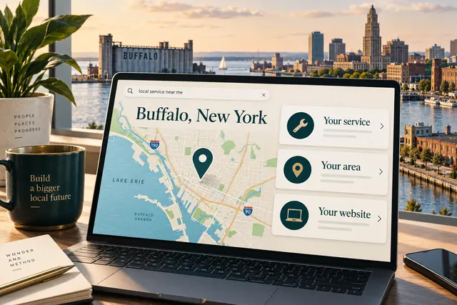 An illustrated Buffalo local-search map with service, area and website cards against a stylized waterfront skyline