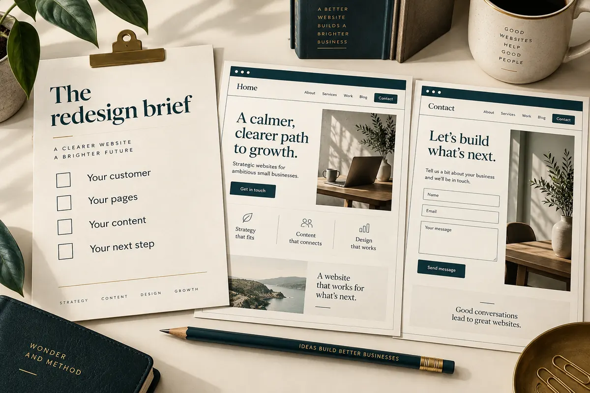 A redesign brief with customer, pages, content and next-step questions beside home and contact page concepts