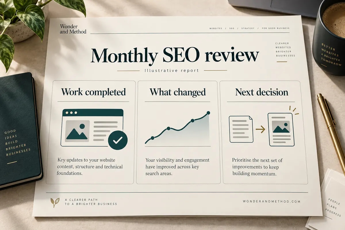 An illustrative monthly SEO review organized into work completed, what changed and the next decision