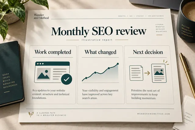 An illustrative monthly SEO review organized into work completed, what changed and the next decision