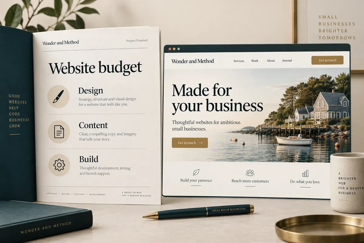 Illustrated website proposal showing Design, Content and Build beside a premium website mockup