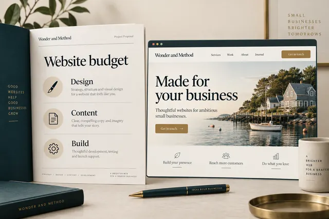 Illustrated website proposal showing Design, Content and Build beside a premium website mockup
