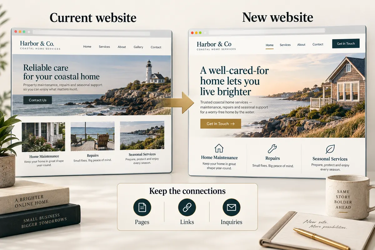Current and new website concepts connected by an arrow, preserving pages, links and inquiries