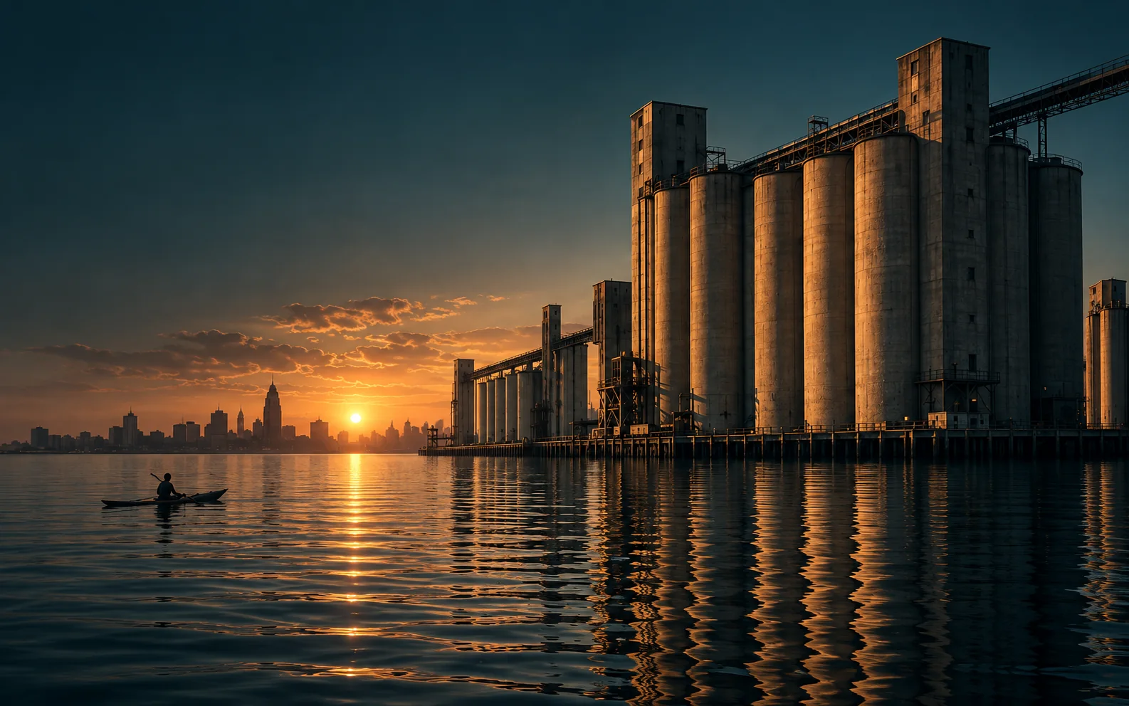 Original Buffalo-inspired waterfront artwork with sunset light and grain elevators